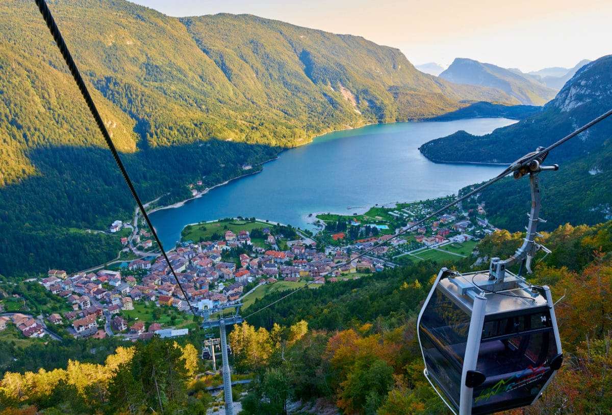 Aerial,View,Over,The,Beautiful,Molveno,Town,And,Molveno,Lake,