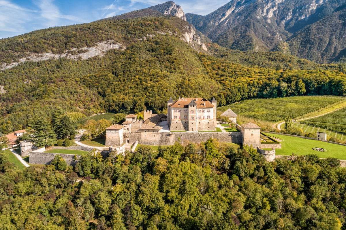 Aerial,View,Of,Castel,Thun,,Gothic,,Medieval,Hilltop,Castle,,Vigo